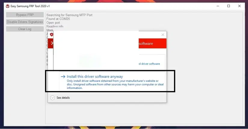 install driver to bypass FRP from Samsung